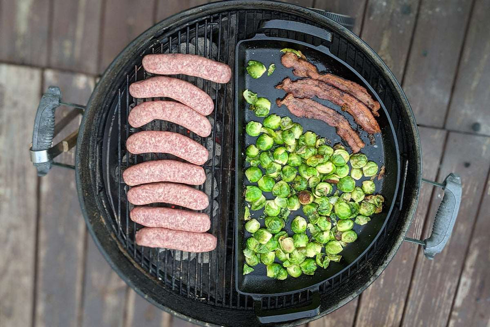3-in-1 Grill Accessory - in Cast Iron! This cast iron Drip 'N Griddle Pan has the same three functions many of you know and love about our other pans, but now made in cast iron. That means you get a non-stick surface, a perfect companion for searing up a ribeye and no more warping over direct high heat!